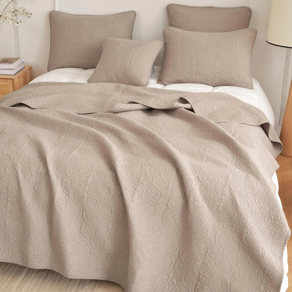 DaDa Bedding Neutral Taupe Beige Sandy Elegant Matelasse Cotton Quilted Bedspread Set (JHW-585) DaDalogy Bedding Collection