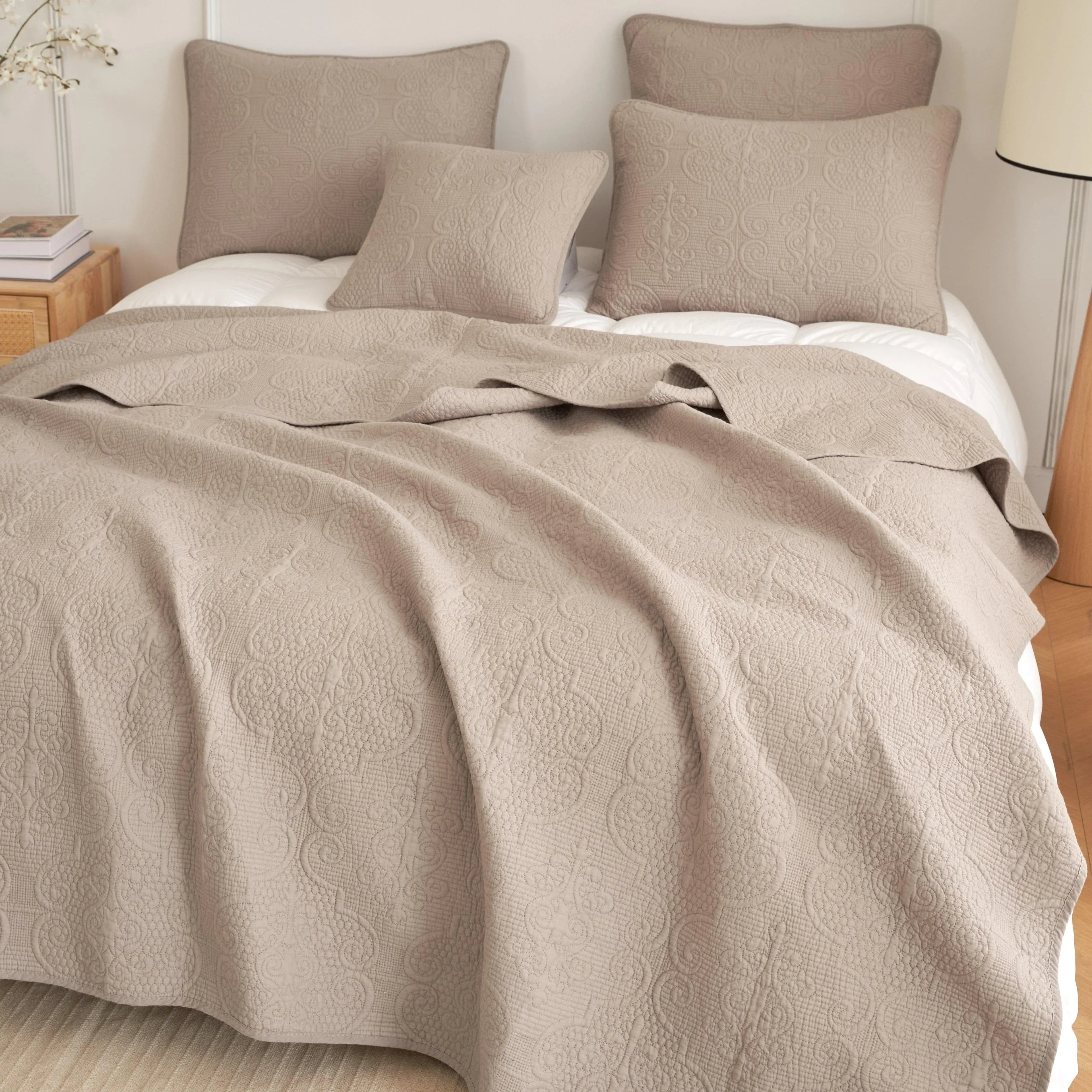 DaDa Bedding Neutral Taupe Beige Sandy Elegant Matelasse Cotton Quilted Bedspread Set (JHW-585) DaDalogy Bedding Collection