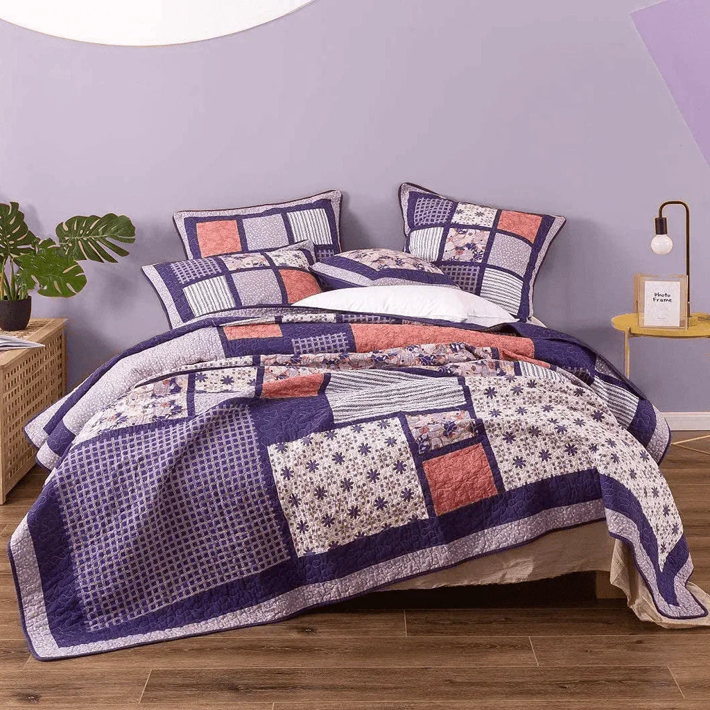 DaDa Bedding Peachy Pink Floral Blossoms Plum Purple Patchwork Quilted Bedspread Set - Designed in USA (JHW877) DaDalogy Bedding Collection