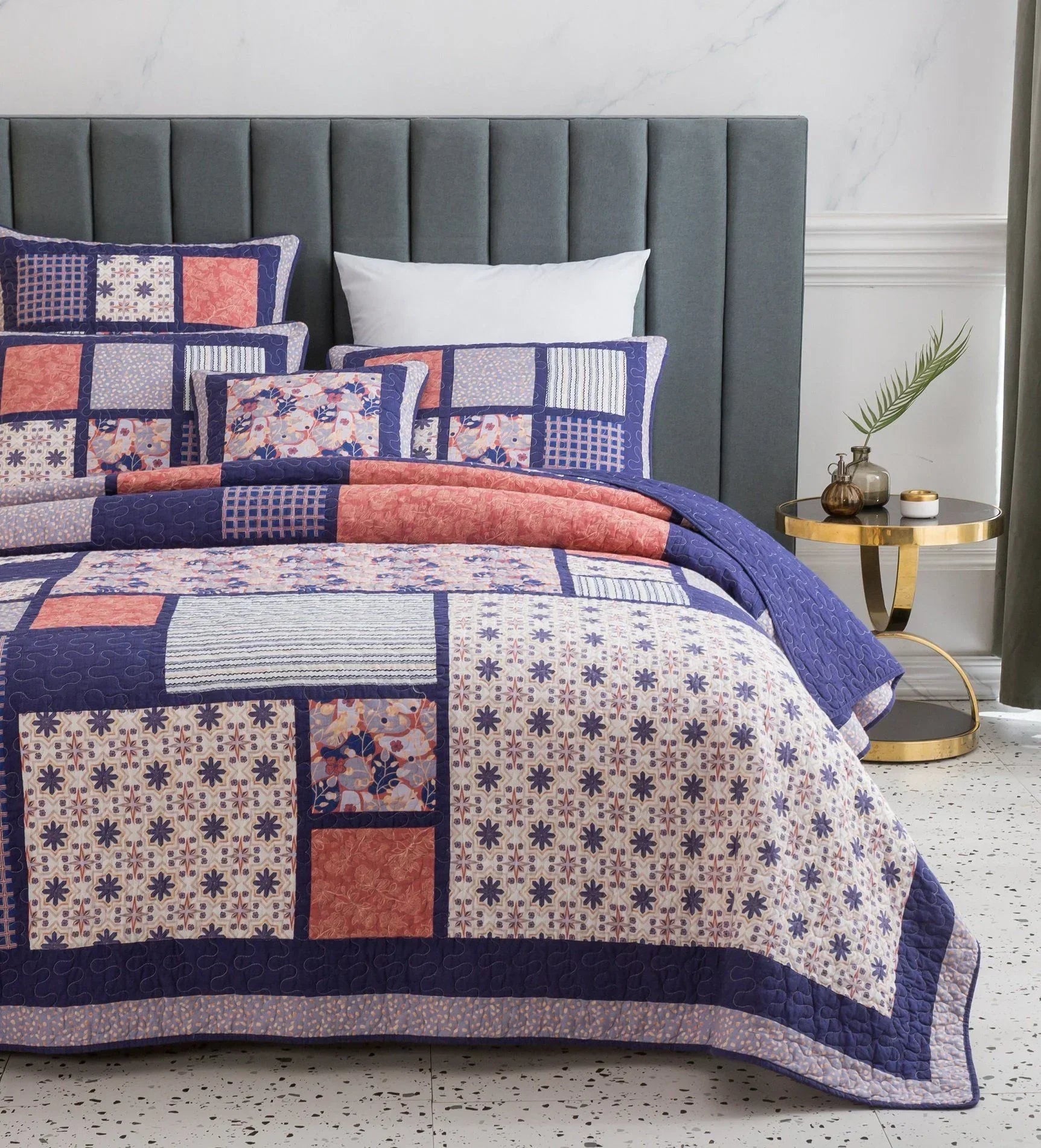 DaDa Bedding Peachy Pink Floral Blossoms Plum Purple Patchwork Quilted Bedspread Set - Designed in USA (JHW877) DaDalogy Bedding Collection