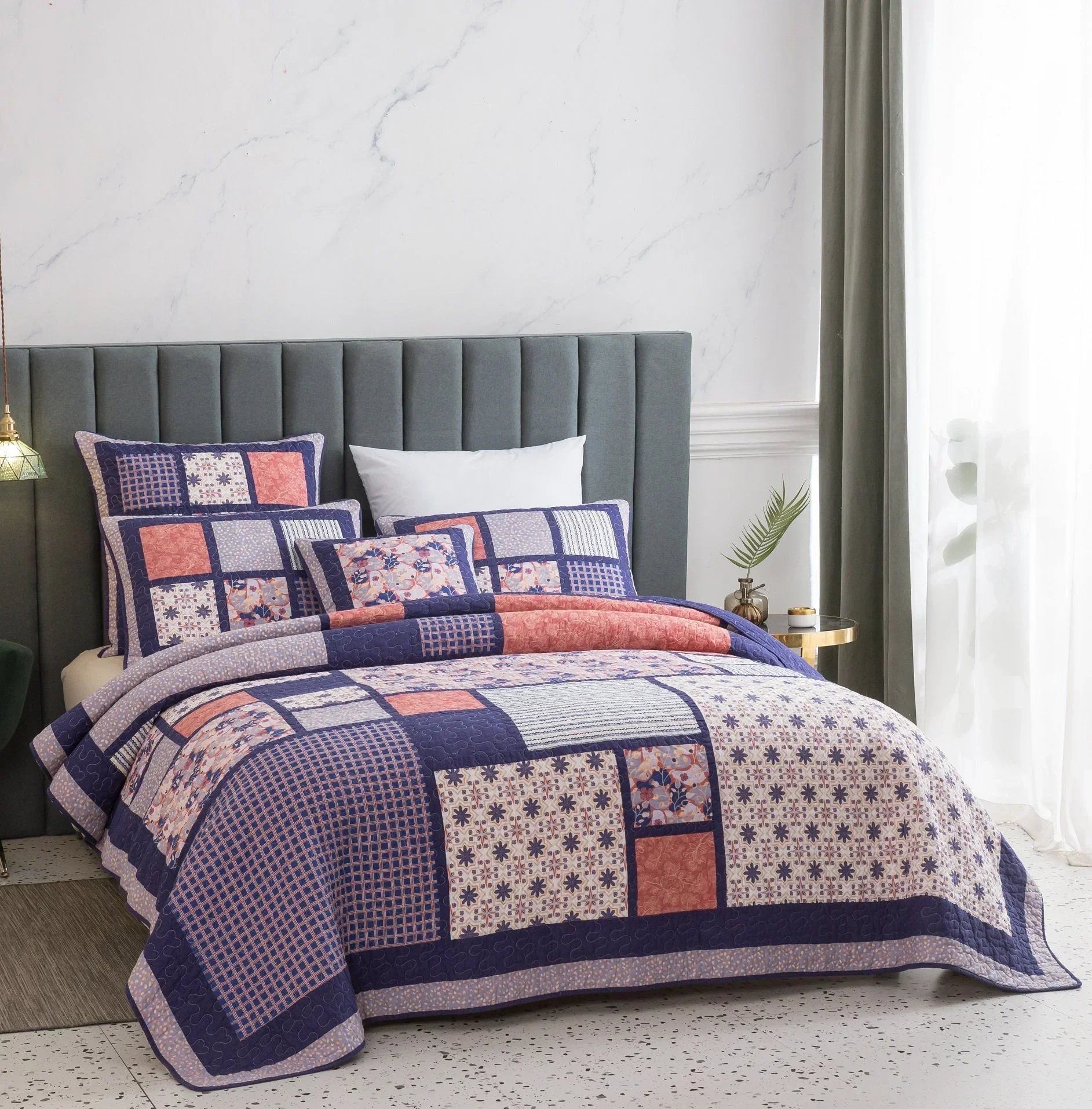 DaDa Bedding Peachy Pink Floral Blossoms Plum Purple Patchwork Quilted Bedspread Set - Designed in USA (JHW877) DaDalogy Bedding Collection