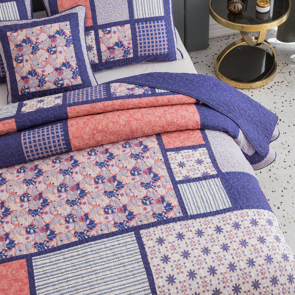 DaDa Bedding Peachy Pink Floral Blossoms Plum Purple Patchwork Quilted Bedspread Set - Designed in USA (JHW877) DaDalogy Bedding Collection