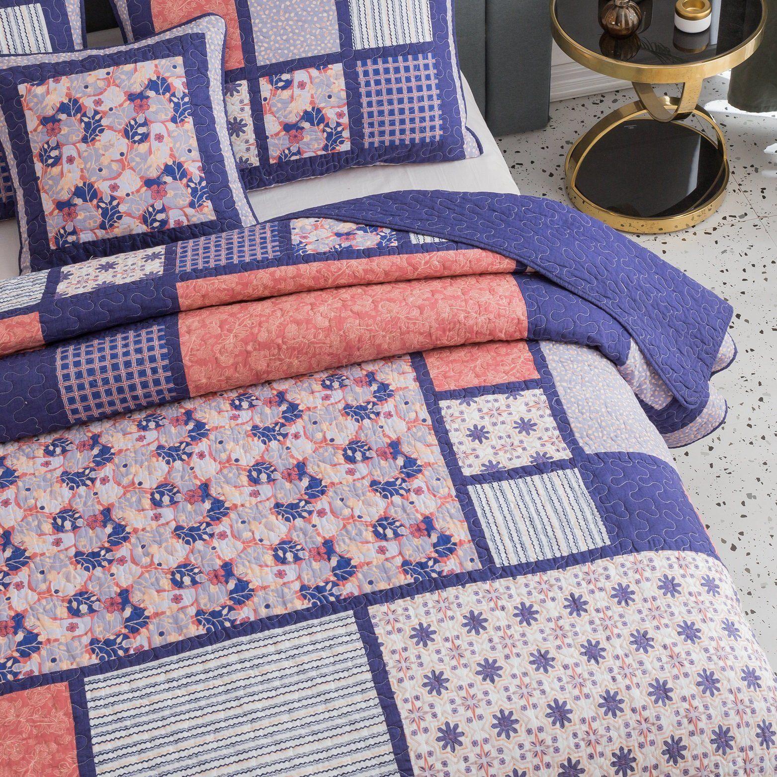 DaDa Bedding Peachy Pink Floral Blossoms Plum Purple Patchwork Quilted Bedspread Set - Designed in USA (JHW877) DaDalogy Bedding Collection