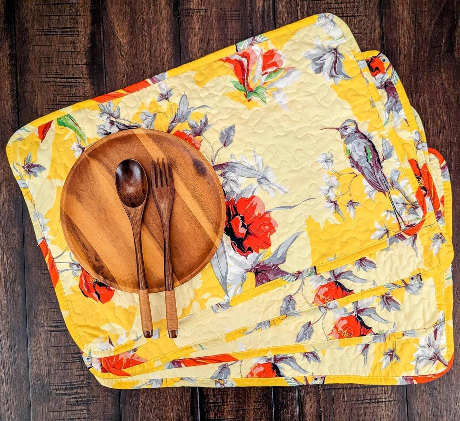 DaDa Bedding Radiant Sunshine Yellow Floral Dining Table Placemats - Set of 4-Pieces Quilted Hummingbirds Farmhouse Red Flowers - 13 x 19 DaDalogy Bedding Collection