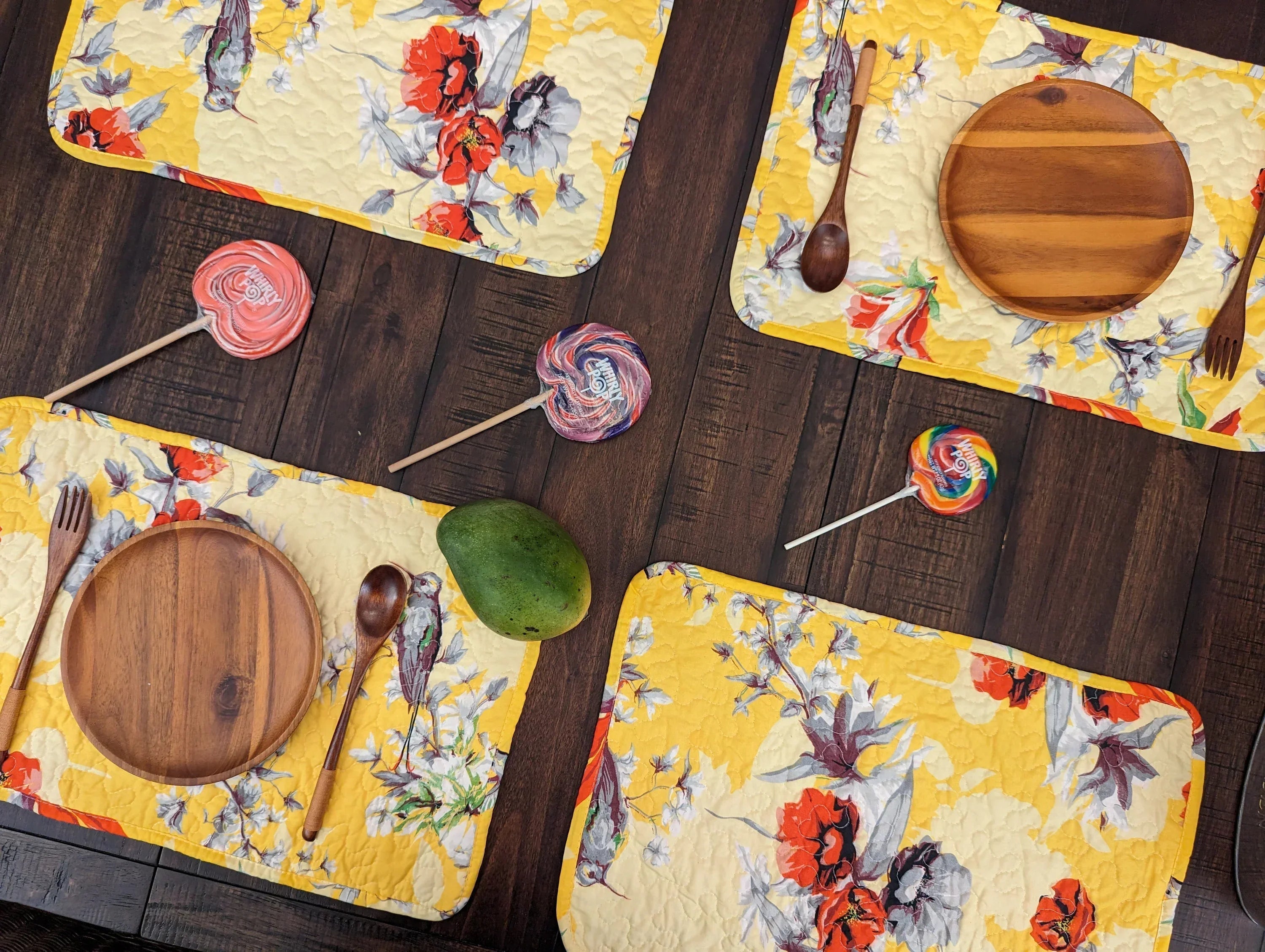 DaDa Bedding Radiant Sunshine Yellow Floral Dining Table Placemats - Set of 4-Pieces Quilted Hummingbirds Farmhouse Red Flowers - 13 x 19 DaDalogy Bedding Collection
