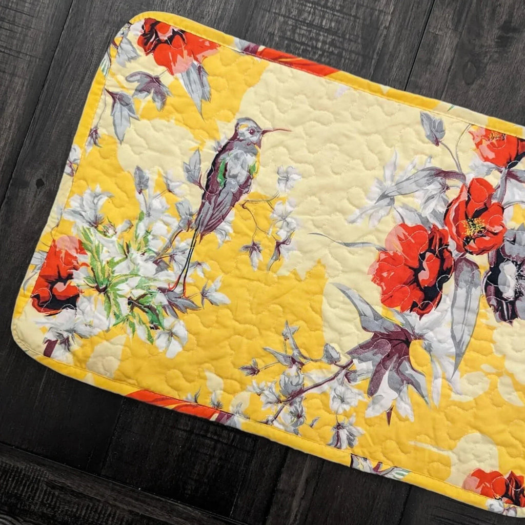 DaDa Bedding Radiant Sunshine Yellow Floral Dining Table Placemats - Set of 4-Pieces Quilted Hummingbirds Farmhouse Red Flowers - 13 x 19 DaDalogy Bedding Collection