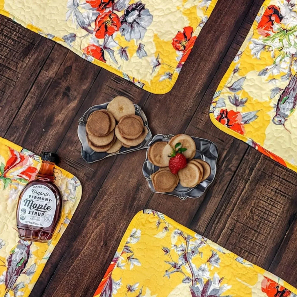 DaDa Bedding Radiant Sunshine Yellow Floral Dining Table Placemats - Set of 4-Pieces Quilted Hummingbirds Farmhouse Red Flowers - 13 x 19 DaDalogy Bedding Collection