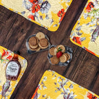 DaDa Bedding Radiant Sunshine Yellow Floral Dining Table Placemats - Set of 4-Pieces Quilted Hummingbirds Farmhouse Red Flowers - 13 x 19 DaDalogy Bedding Collection