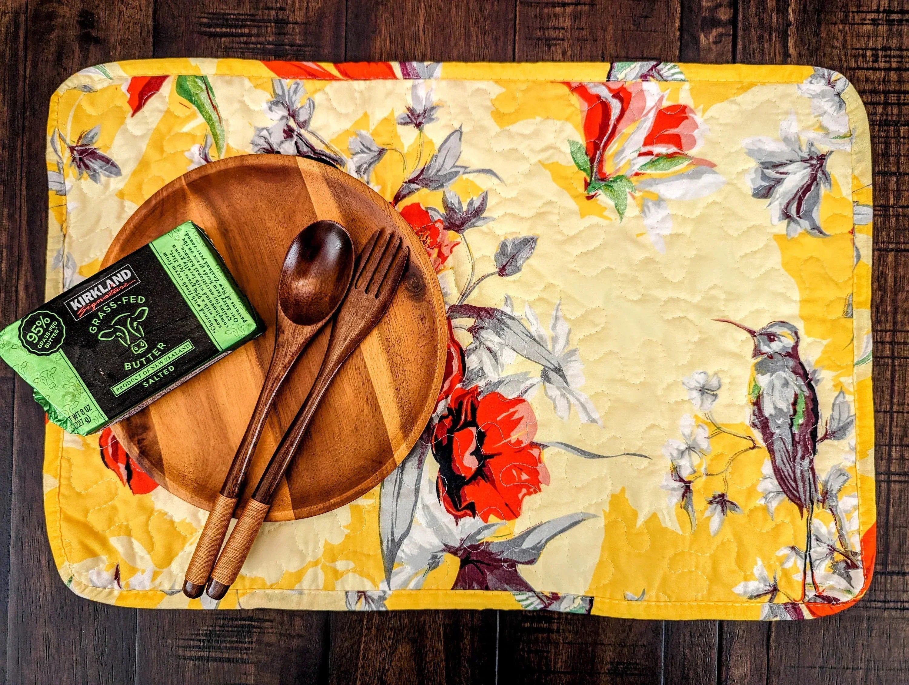 DaDa Bedding Radiant Sunshine Yellow Floral Dining Table Placemats - Set of 4-Pieces Quilted Hummingbirds Farmhouse Red Flowers - 13 x 19 DaDalogy Bedding Collection