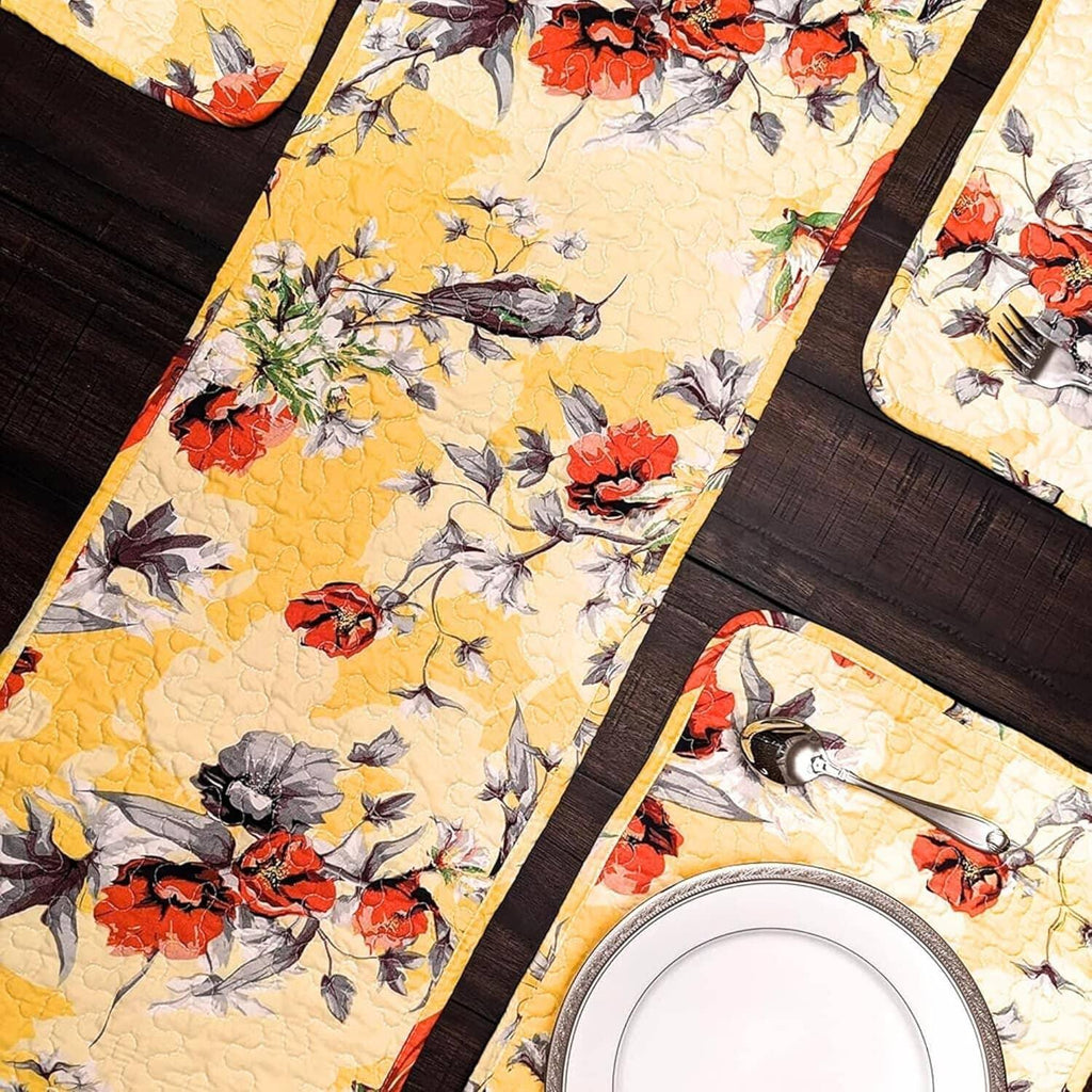 DaDa Bedding Radiant Sunshine Yellow Floral Dining Table Placemats - Set of 4-Pieces Quilted Hummingbirds Farmhouse Red Flowers - 13 x 19 DaDalogy Bedding Collection