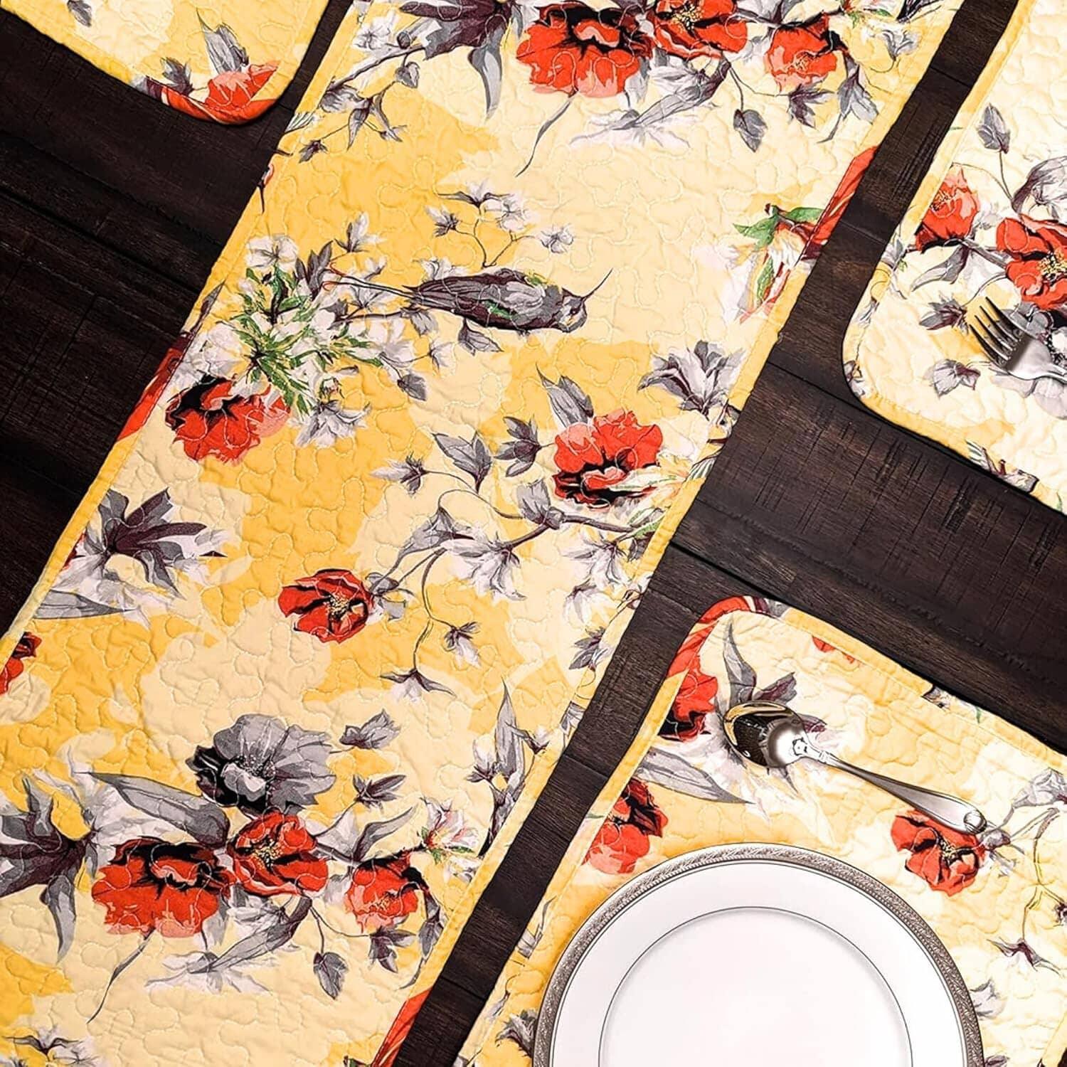 DaDa Bedding Radiant Sunshine Yellow Floral Dining Table Placemats - Set of 4-Pieces Quilted Hummingbirds Farmhouse Red Flowers - 13 x 19 DaDalogy Bedding Collection