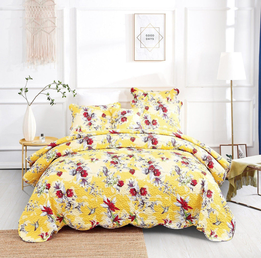 DaDa Bedding Radiant Sunshine Yellow Hummingbirds Floral Scalloped Bedspread Set (JHW-925) DaDalogy Bedding Collection