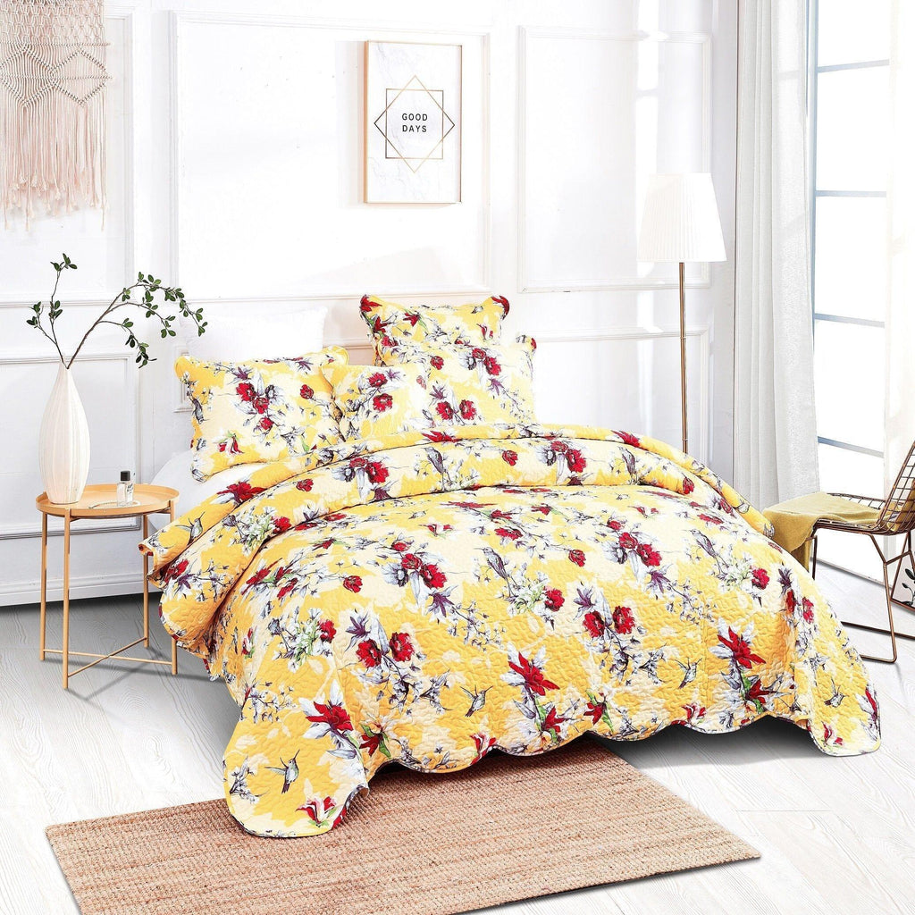 DaDa Bedding Radiant Sunshine Yellow Hummingbirds Floral Scalloped Bedspread Set (JHW-925) DaDalogy Bedding Collection