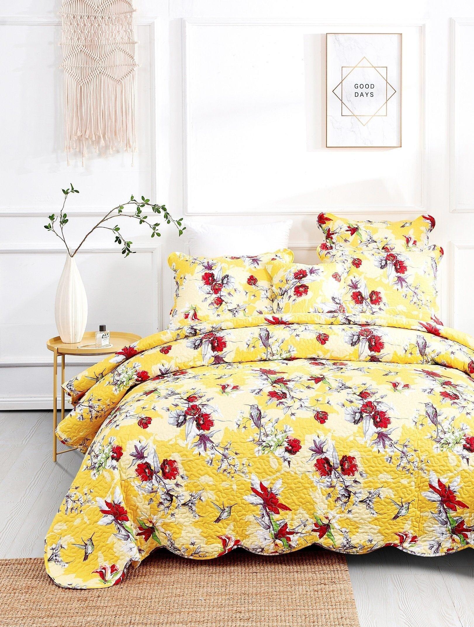 DaDa Bedding Radiant Sunshine Yellow Hummingbirds Floral Scalloped Bedspread Set (JHW-925) DaDalogy Bedding Collection