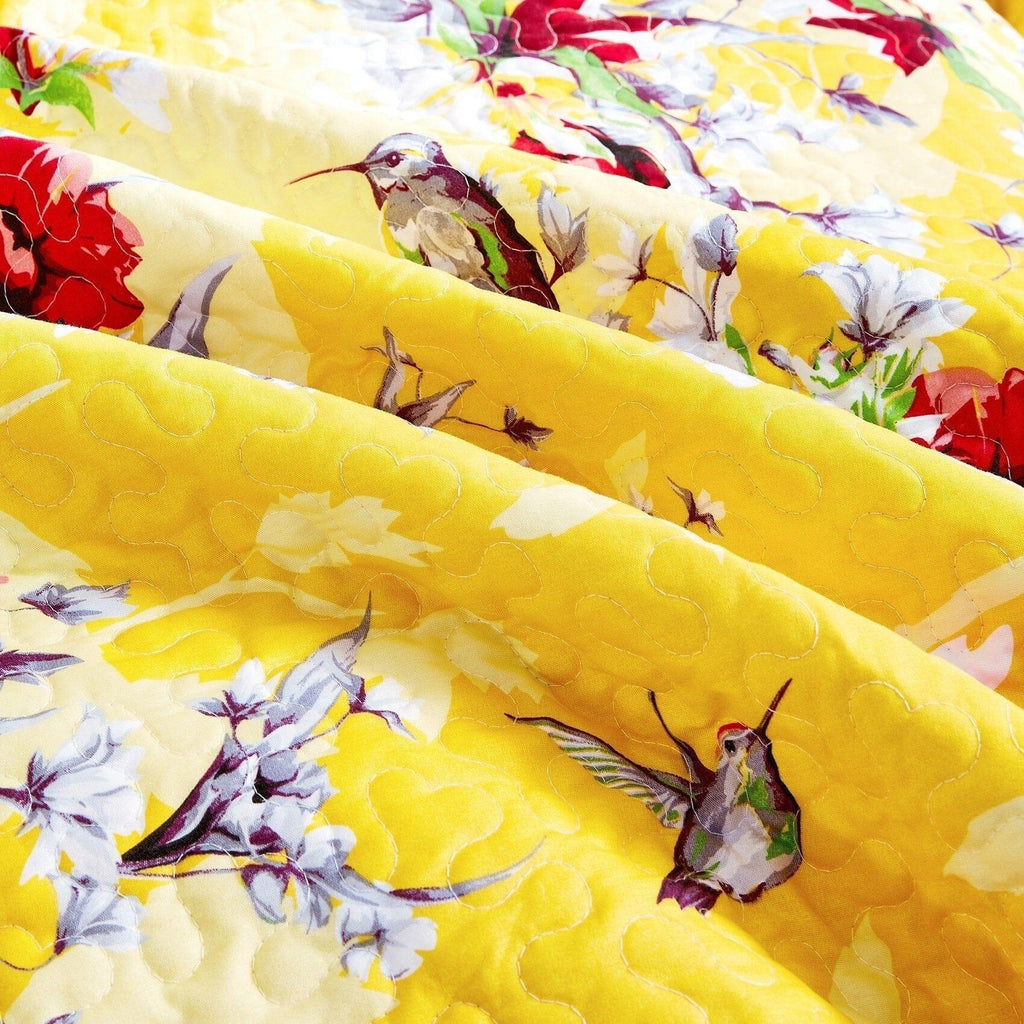 DaDa Bedding Radiant Sunshine Yellow Hummingbirds Floral Scalloped Bedspread Set (JHW-925) DaDalogy Bedding Collection