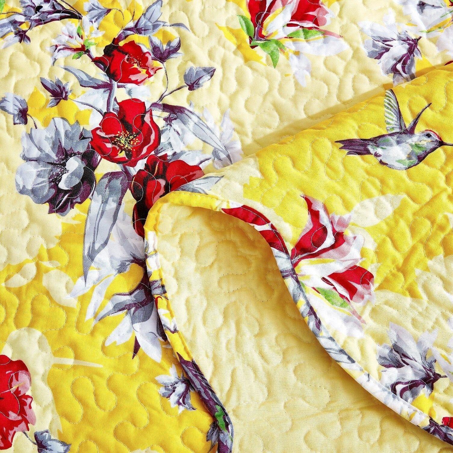 DaDa Bedding Radiant Sunshine Yellow Hummingbirds Floral Scalloped Bedspread Set (JHW-925) DaDalogy Bedding Collection