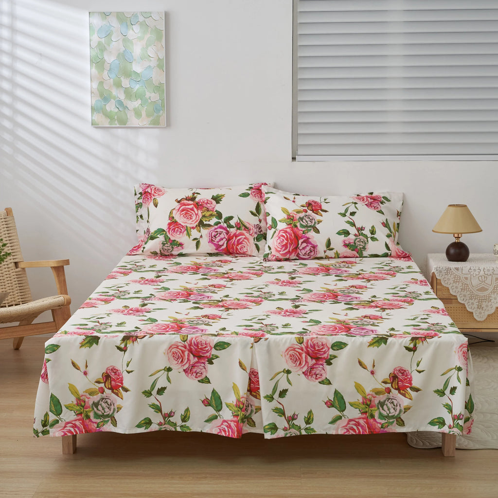 DaDa Bedding Romantic Roses Floral Bed Skirt - Matching Pink & White Ruffled Dust Ruffle for Quilted Coverlet Set - Lightweight & Breathable Polyester Bedskirt DaDalogy Bedding Collection