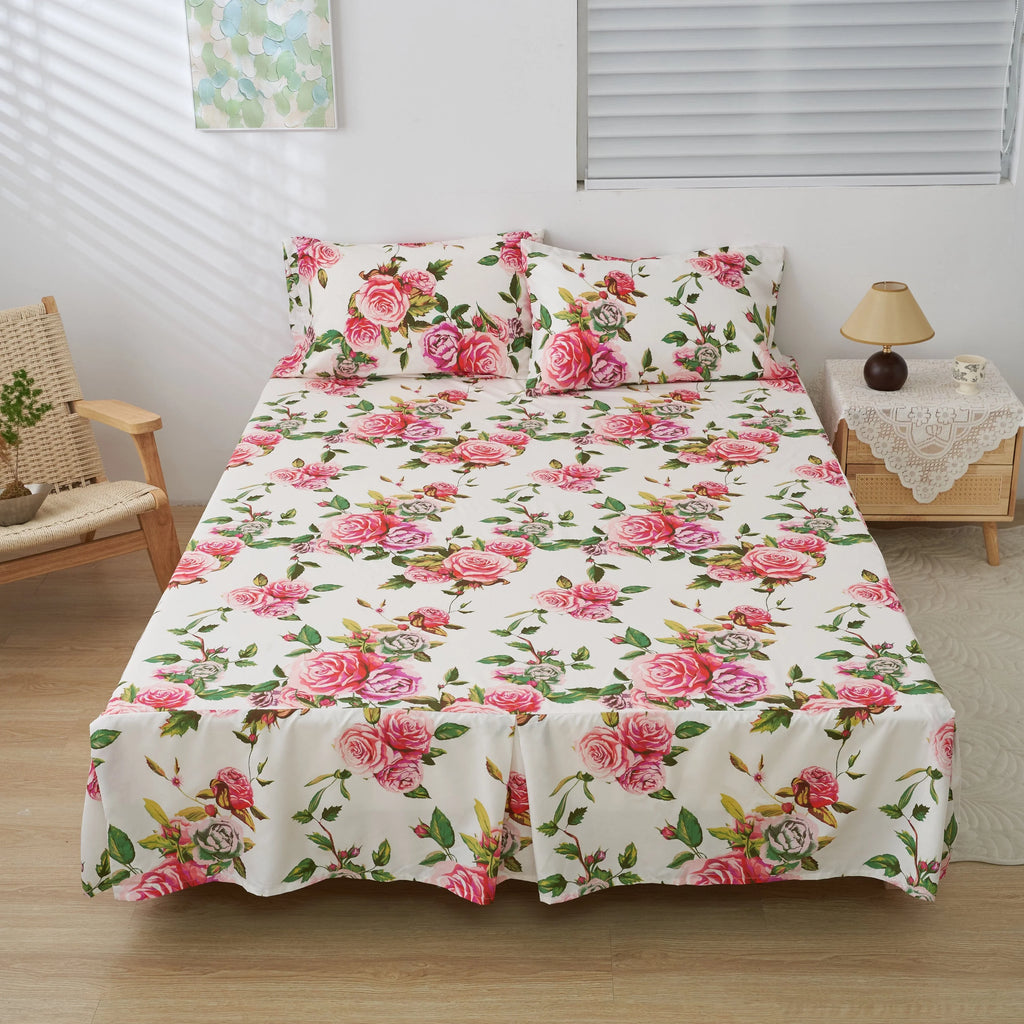 DaDa Bedding Romantic Roses Floral Bed Skirt - Matching Pink & White Ruffled Dust Ruffle for Quilted Coverlet Set - Lightweight & Breathable Polyester Bedskirt DaDalogy Bedding Collection