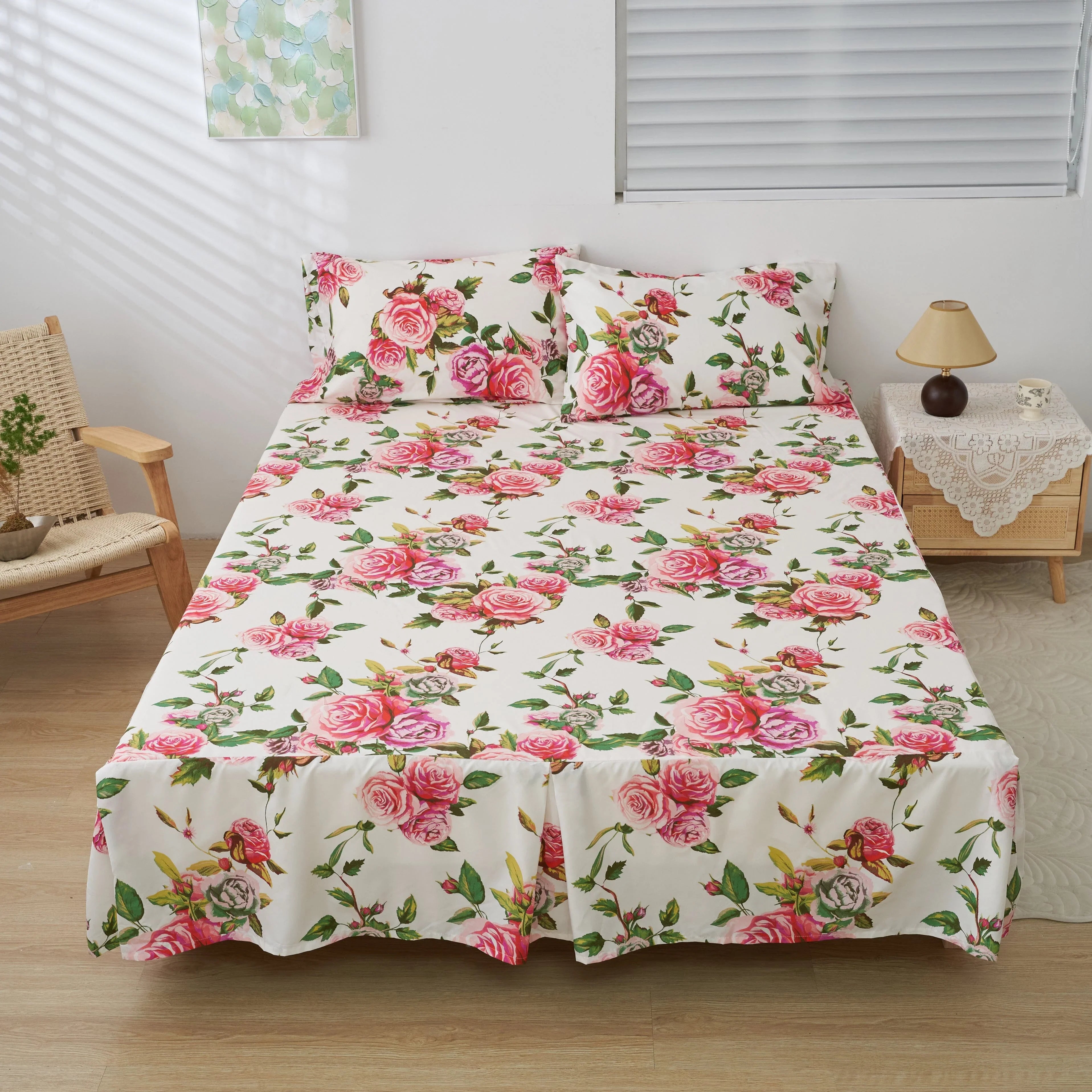 DaDa Bedding Romantic Roses Floral Bed Skirt - Matching Pink & White Ruffled Dust Ruffle for Quilted Coverlet Set - Lightweight & Breathable Polyester Bedskirt DaDalogy Bedding Collection