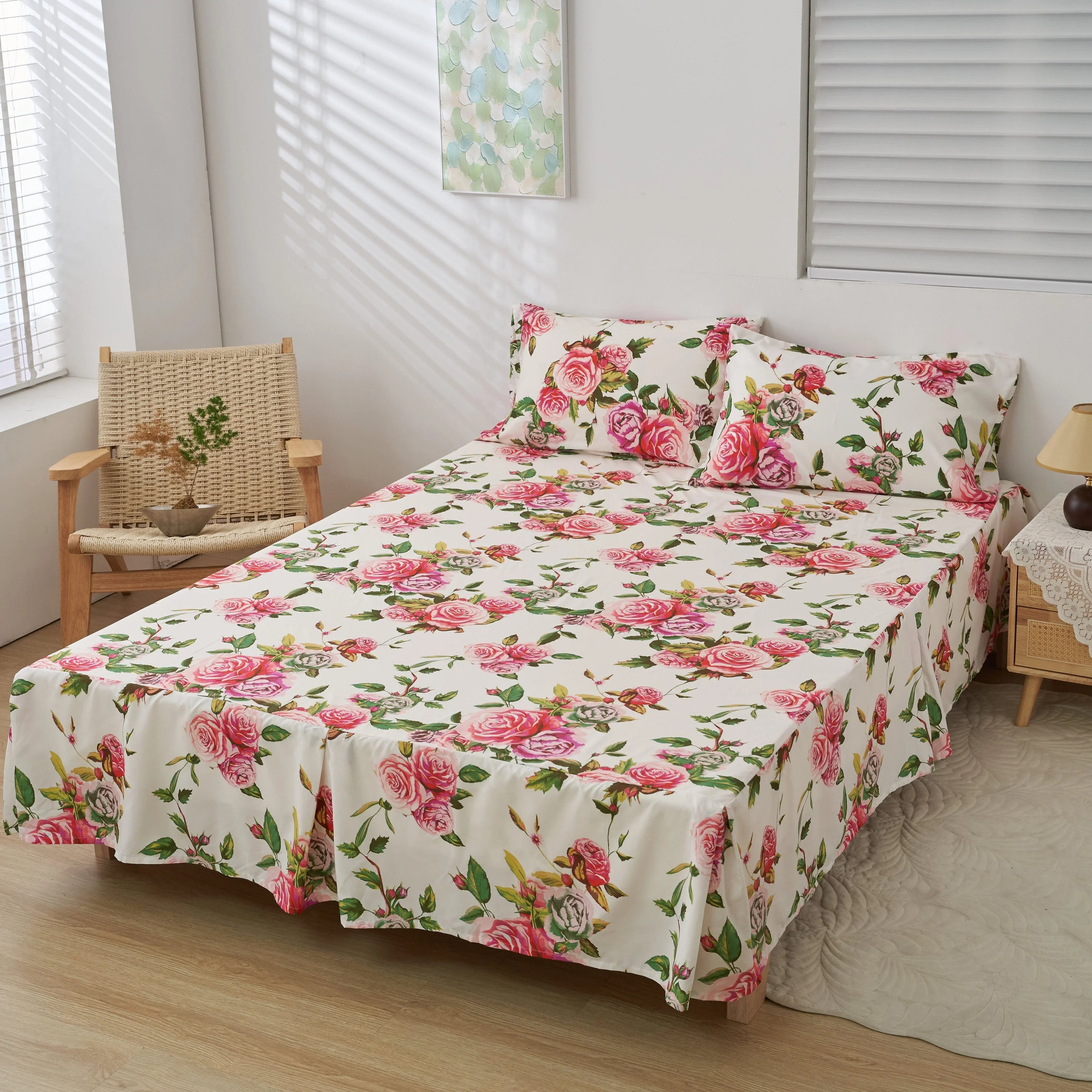 DaDa Bedding Romantic Roses Floral Bed Skirt - Matching Pink & White Ruffled Dust Ruffle for Quilted Coverlet Set - Lightweight & Breathable Polyester Bedskirt DaDalogy Bedding Collection