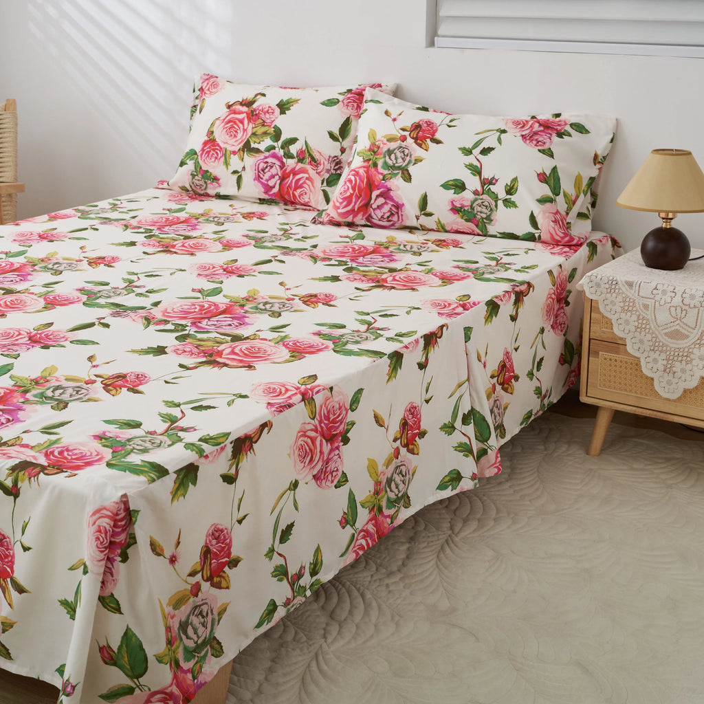 DaDa Bedding Romantic Roses Floral Bed Skirt - Matching Pink & White Ruffled Dust Ruffle for Quilted Coverlet Set - Lightweight & Breathable Polyester Bedskirt DaDalogy Bedding Collection