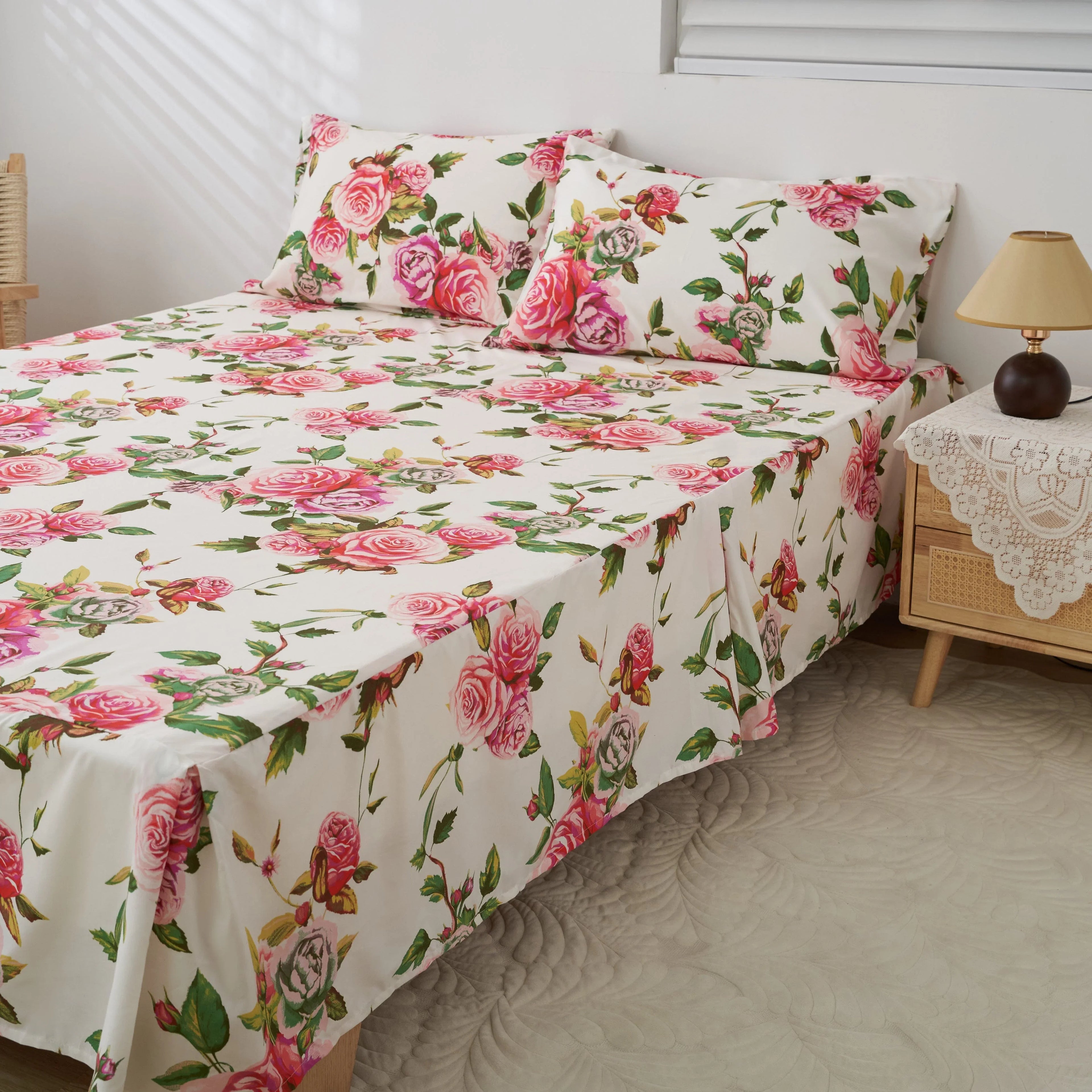 DaDa Bedding Romantic Roses Floral Bed Skirt - Matching Pink & White Ruffled Dust Ruffle for Quilted Coverlet Set - Lightweight & Breathable Polyester Bedskirt DaDalogy Bedding Collection