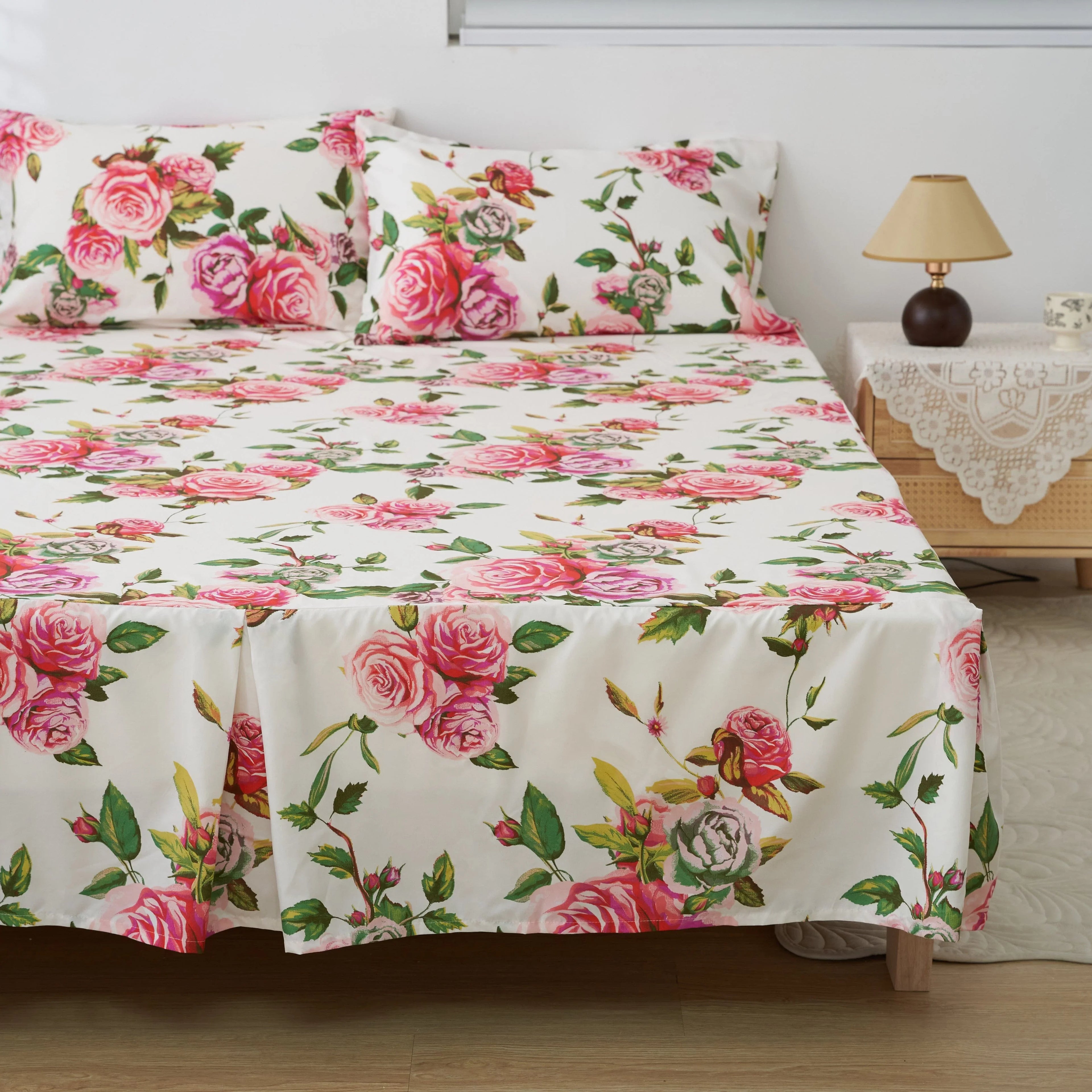 DaDa Bedding Romantic Roses Floral Bed Skirt - Matching Pink & White Ruffled Dust Ruffle for Quilted Coverlet Set - Lightweight & Breathable Polyester Bedskirt DaDalogy Bedding Collection