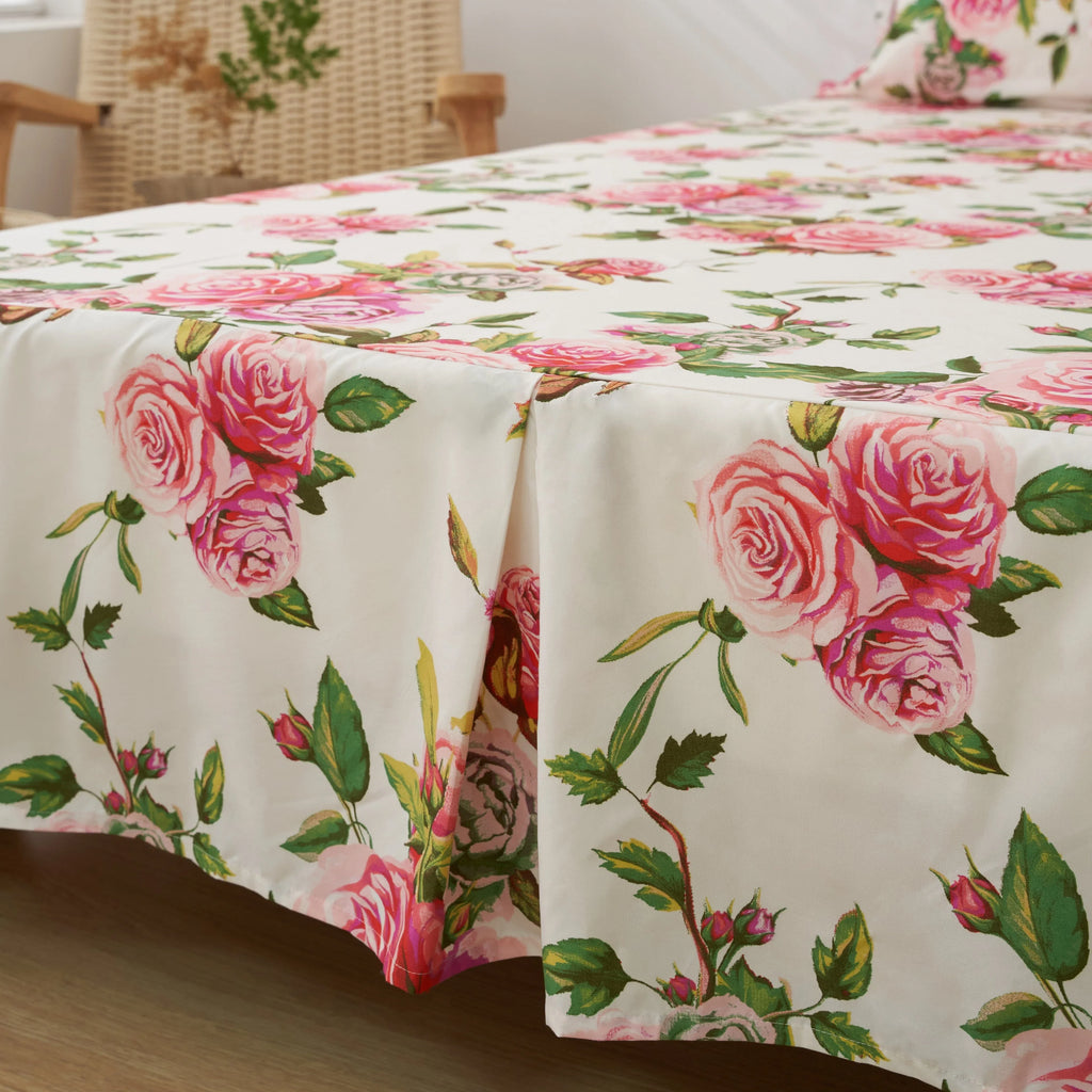 DaDa Bedding Romantic Roses Floral Bed Skirt - Matching Pink & White Ruffled Dust Ruffle for Quilted Coverlet Set - Lightweight & Breathable Polyester Bedskirt DaDalogy Bedding Collection