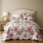 DaDa Bedding Romantic Roses Lovely Spring Pink Floral Quilted Scalloped Bedspread Set (JHW879) DaDalogy Bedding Collection