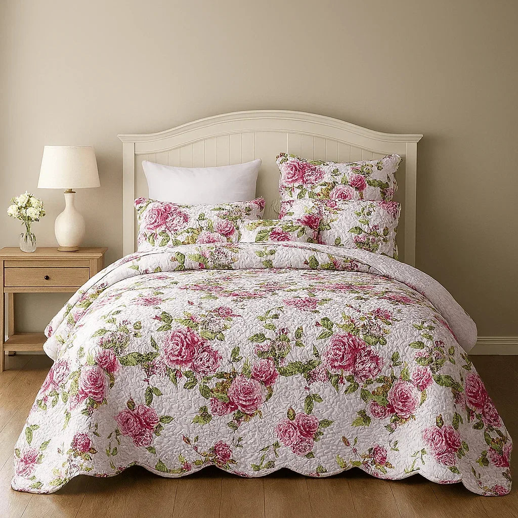 DaDa Bedding Romantic Roses Lovely Spring Pink Floral Quilted Scalloped Bedspread Set (JHW879) DaDalogy Bedding Collection