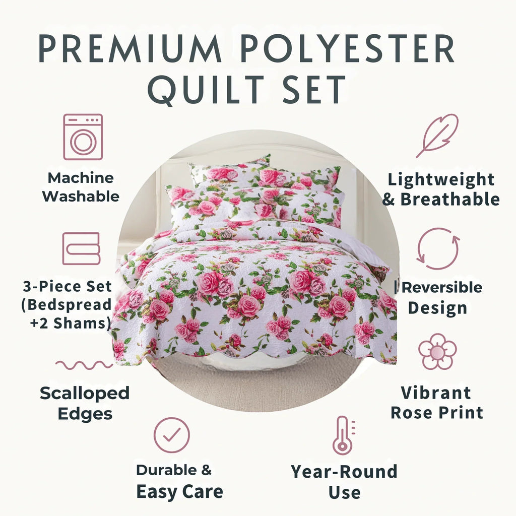 DaDa Bedding Romantic Roses Lovely Spring Pink Floral Quilted Scalloped Bedspread Set (JHW879) DaDalogy Bedding Collection