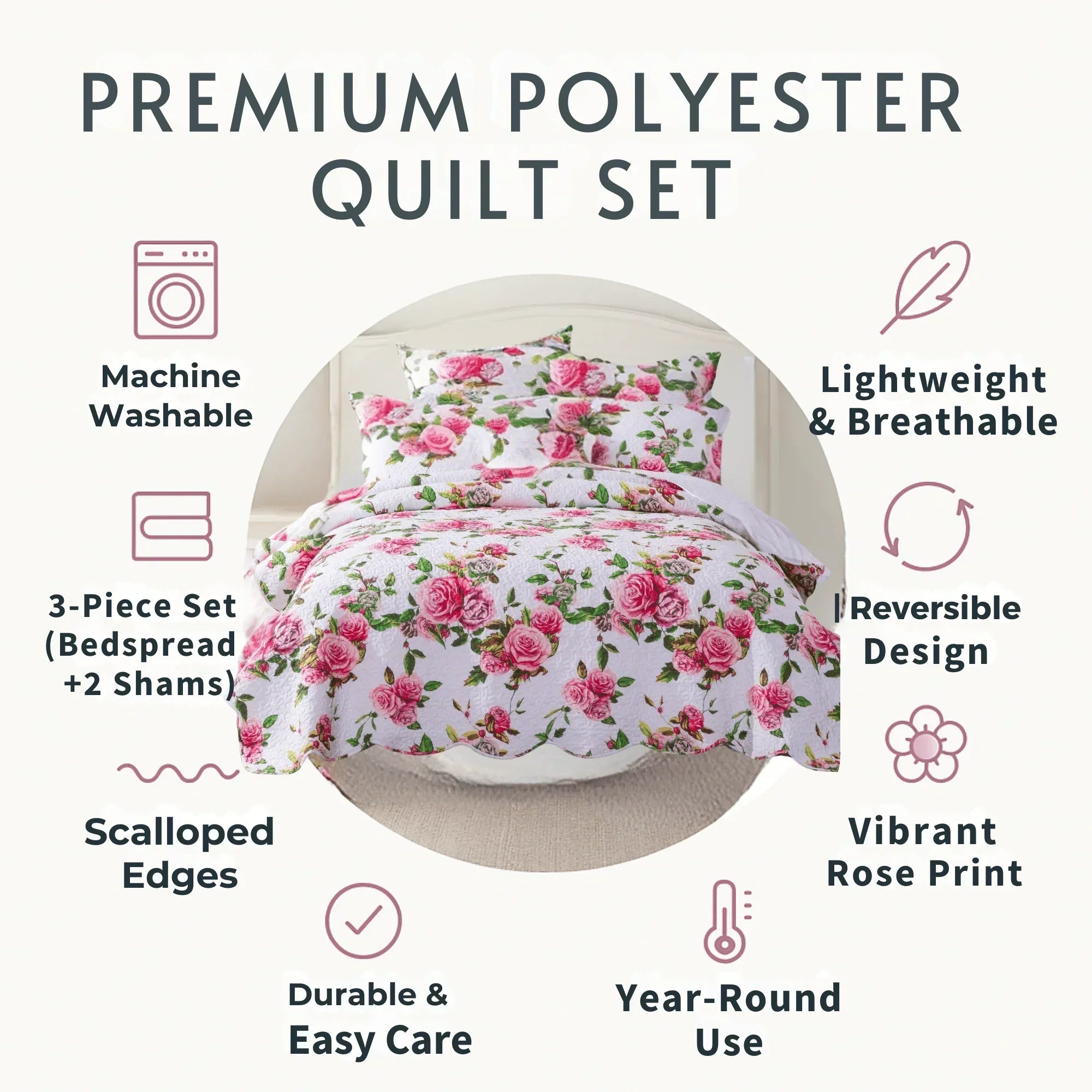 DaDa Bedding Romantic Roses Lovely Spring Pink Floral Quilted Scalloped Bedspread Set (JHW879) DaDalogy Bedding Collection