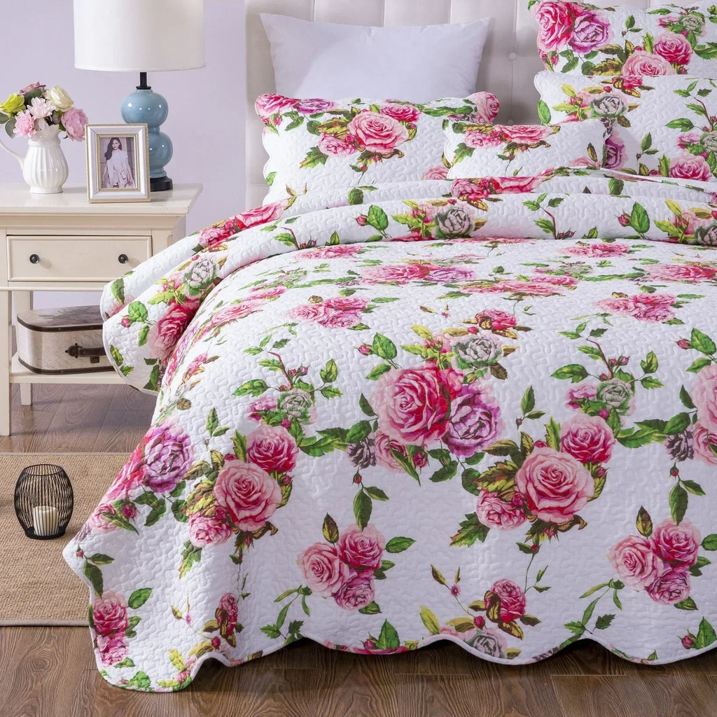 DaDa Bedding Romantic Roses Lovely Spring Pink Floral Quilted Scalloped Bedspread Set (JHW879) DaDalogy Bedding Collection