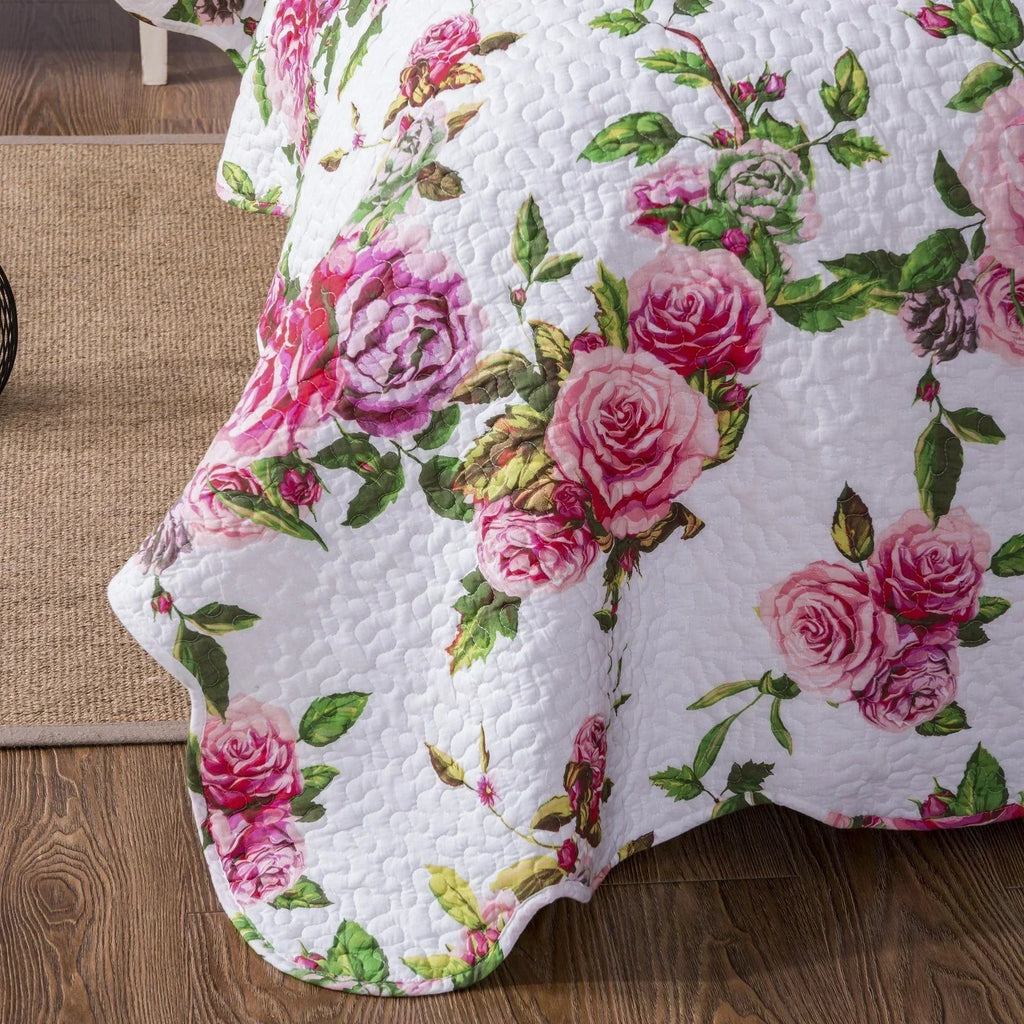DaDa Bedding Romantic Roses Lovely Spring Pink Floral Quilted Scalloped Bedspread Set (JHW879) DaDalogy Bedding Collection