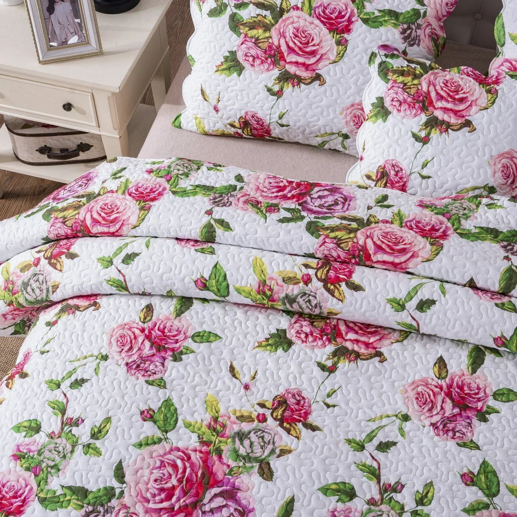 DaDa Bedding Romantic Roses Lovely Spring Pink Floral Quilted Scalloped Bedspread Set (JHW879) DaDalogy Bedding Collection