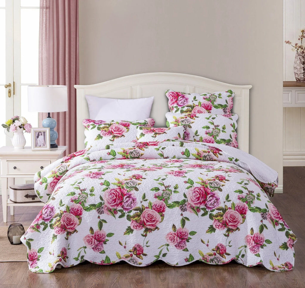 DaDa Bedding Romantic Roses Lovely Spring Pink Floral Quilted Scalloped Bedspread Set (JHW879) DaDalogy Bedding Collection
