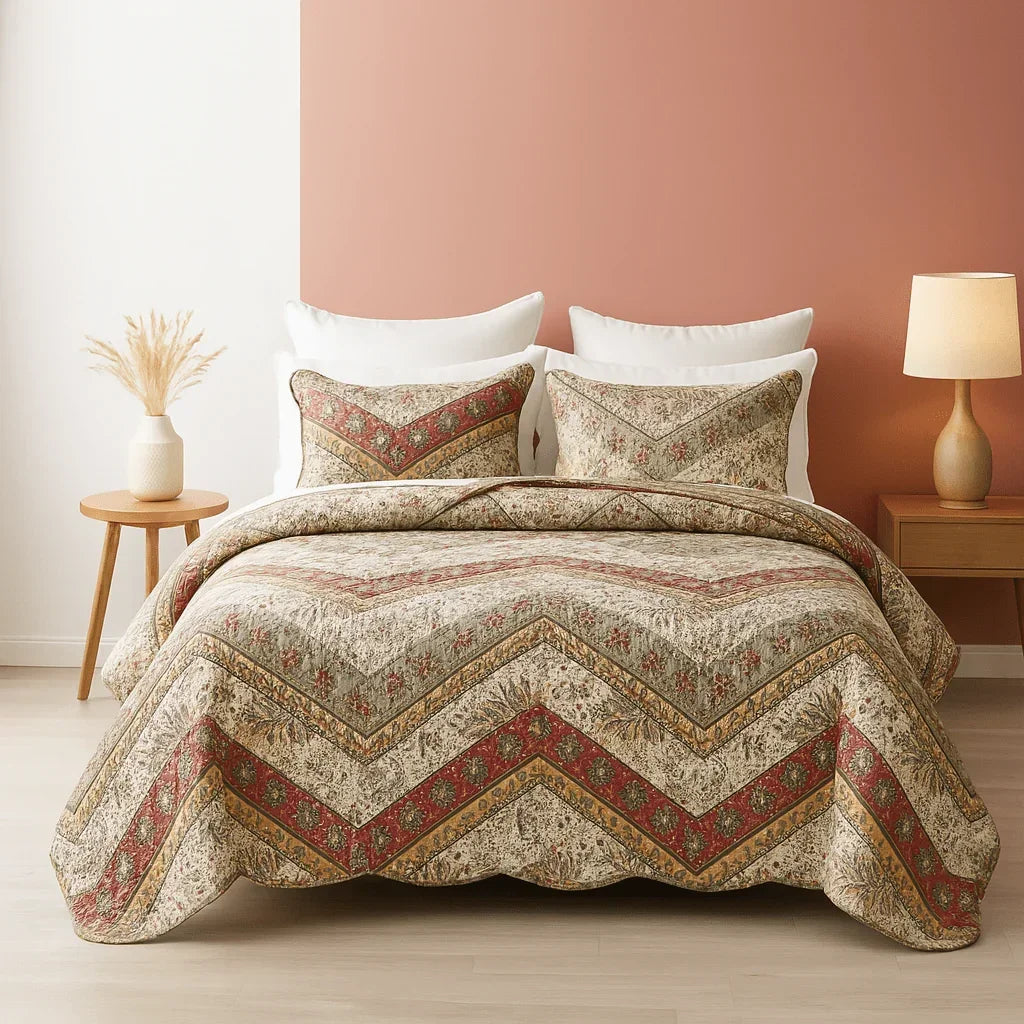 DaDa Bedding Rustic Bohemian Cranberry Sage Chevron Floral Bedspread Set (JHW-924) DaDalogy Bedding Collection
