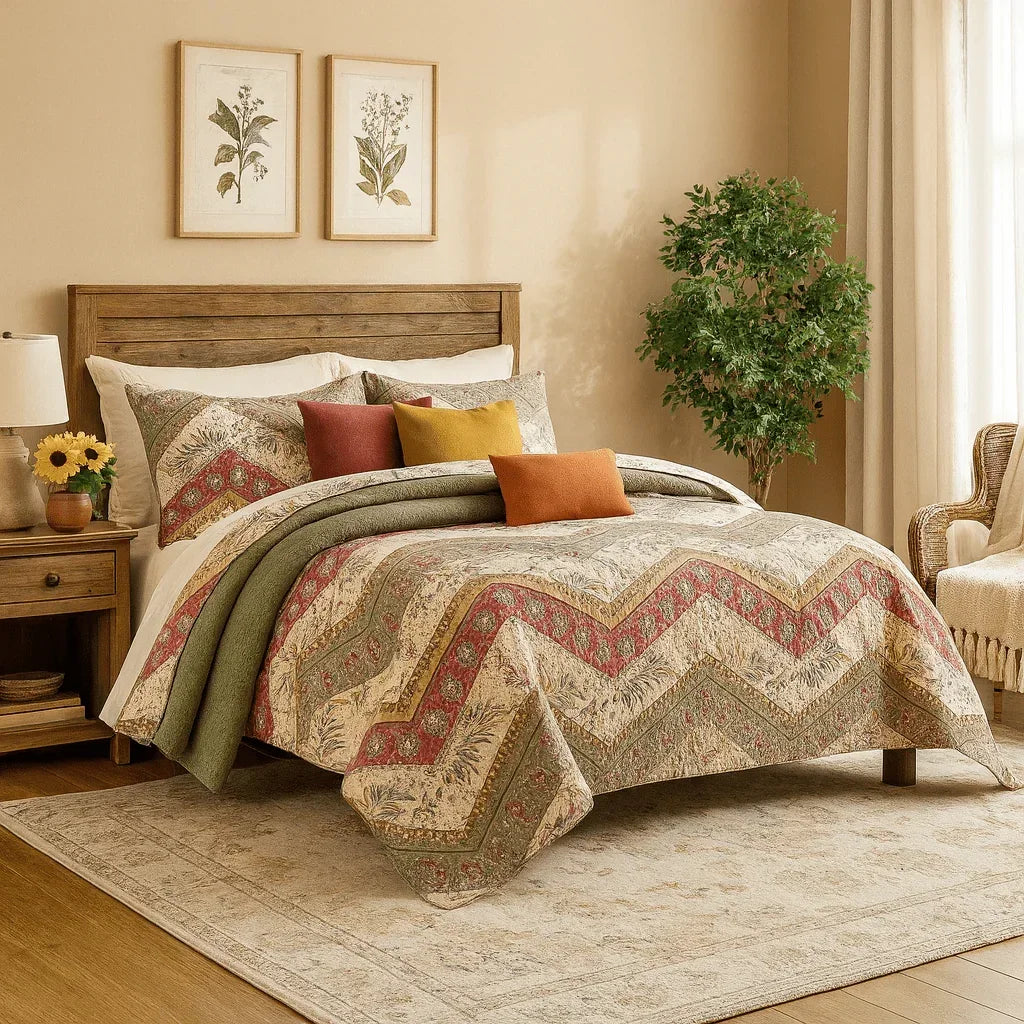 DaDa Bedding Rustic Bohemian Cranberry Sage Chevron Floral Bedspread Set (JHW-924) DaDalogy Bedding Collection