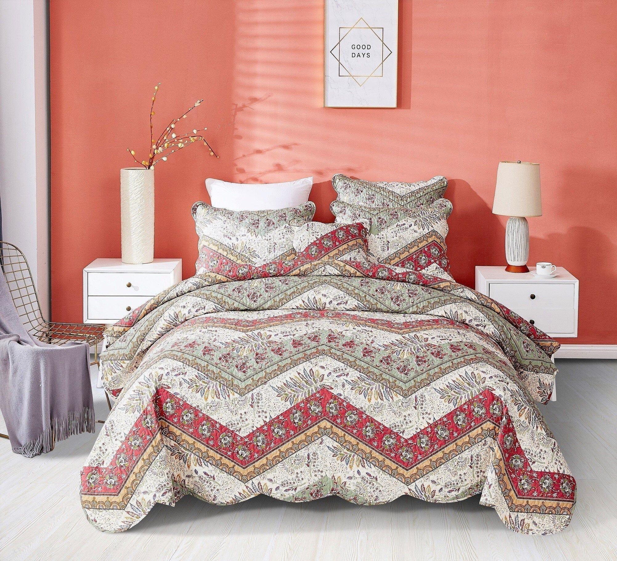 DaDa Bedding Rustic Bohemian Cranberry Sage Chevron Floral Bedspread Set (JHW-924) DaDalogy Bedding Collection