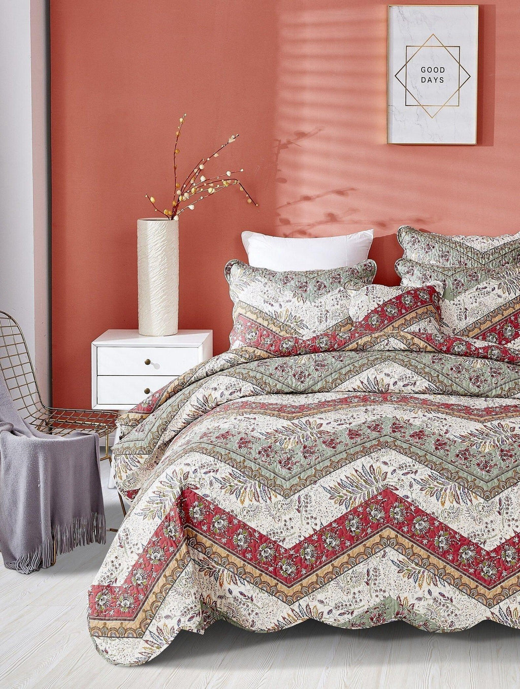 DaDa Bedding Rustic Bohemian Cranberry Sage Chevron Floral Bedspread Set (JHW-924) DaDalogy Bedding Collection