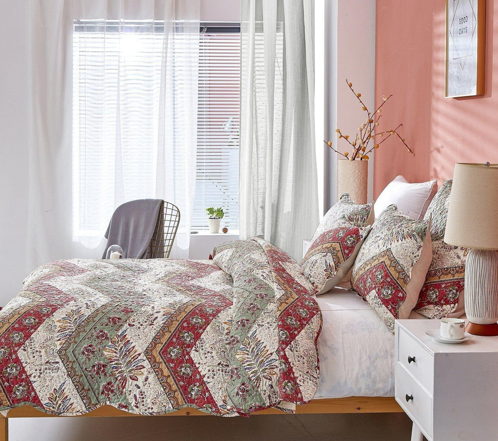 DaDa Bedding Rustic Bohemian Cranberry Sage Chevron Floral Bedspread Set (JHW-924) DaDalogy Bedding Collection