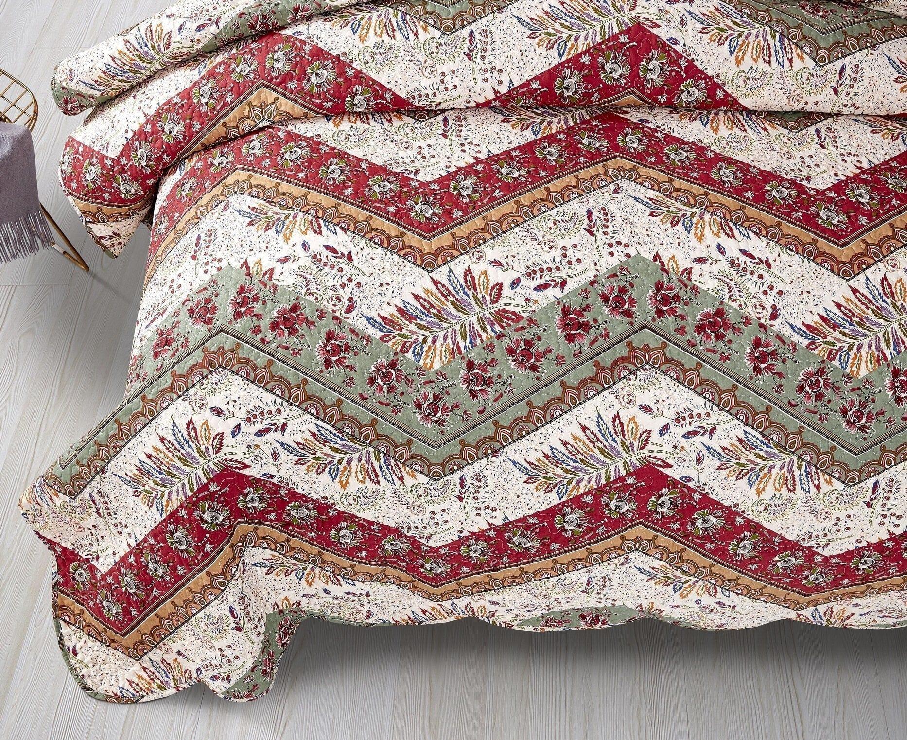 DaDa Bedding Rustic Bohemian Cranberry Sage Chevron Floral Bedspread Set (JHW-924) DaDalogy Bedding Collection