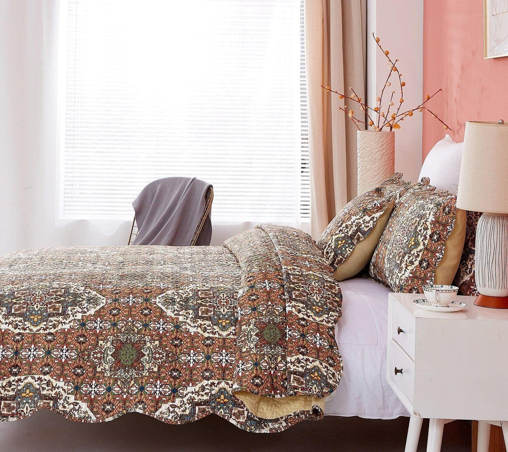 DaDa Bedding Rustic Earthy Cross Motif Folk Ogee Moroccan Scalloped Quilted Bedspread Set (JHW-944) DaDalogy Bedding Collection