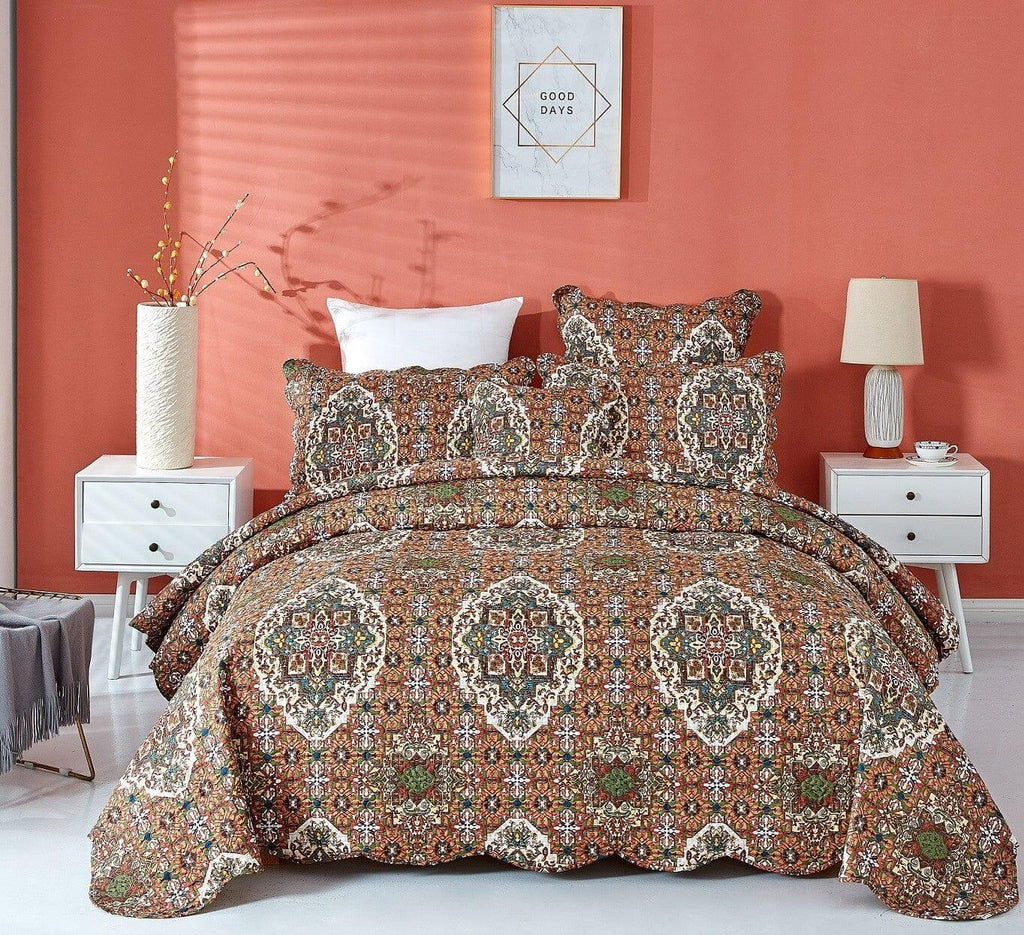 DaDa Bedding Rustic Earthy Cross Motif Folk Ogee Moroccan Scalloped Quilted Bedspread Set (JHW-944) DaDalogy Bedding Collection