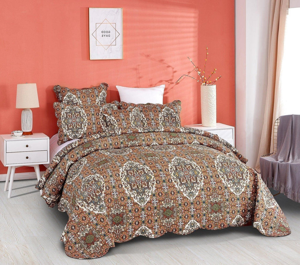 DaDa Bedding Rustic Earthy Cross Motif Folk Ogee Moroccan Scalloped Quilted Bedspread Set (JHW-944) DaDalogy Bedding Collection