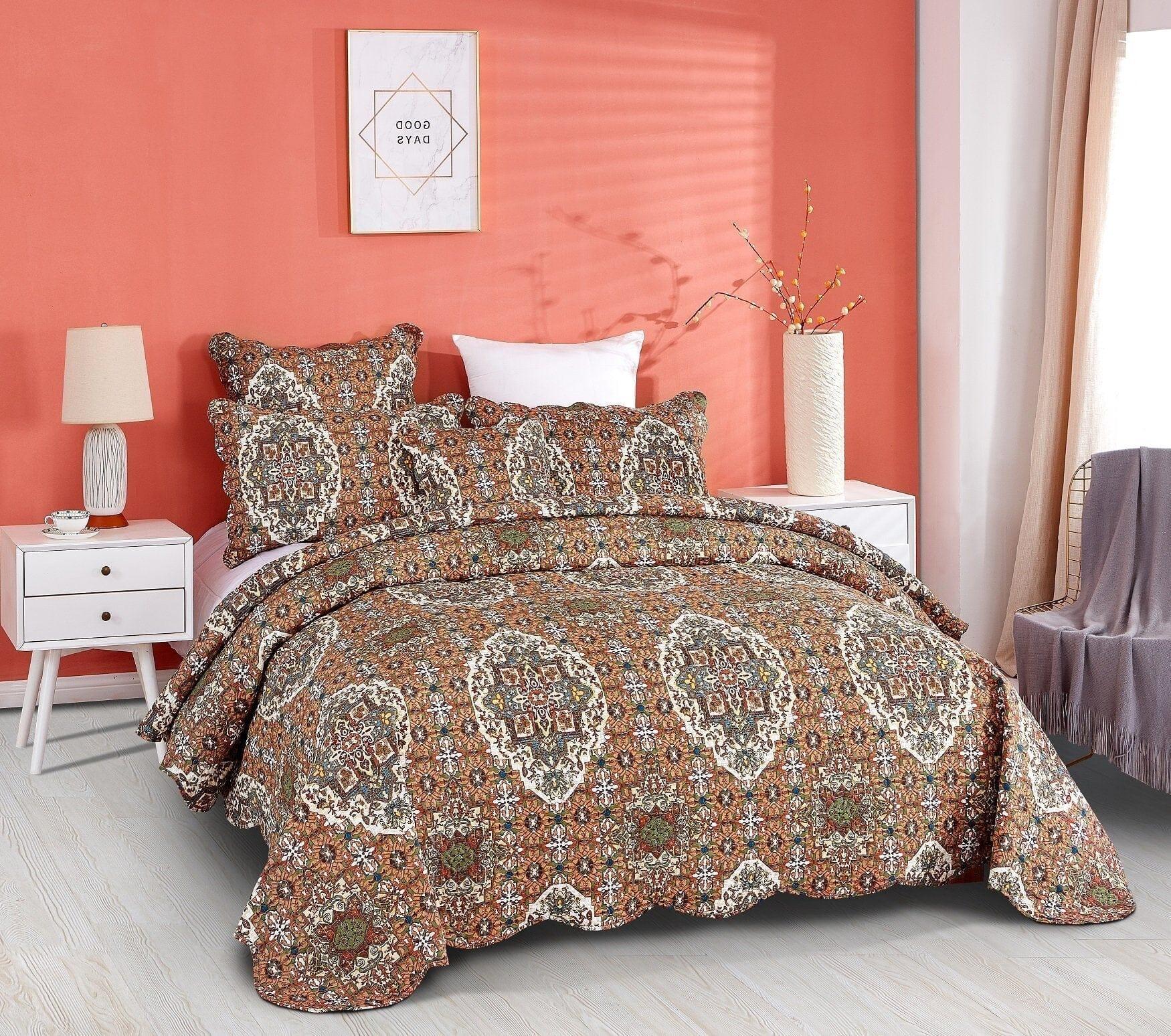 DaDa Bedding Rustic Earthy Cross Motif Folk Ogee Moroccan Scalloped Quilted Bedspread Set (JHW-944) DaDalogy Bedding Collection