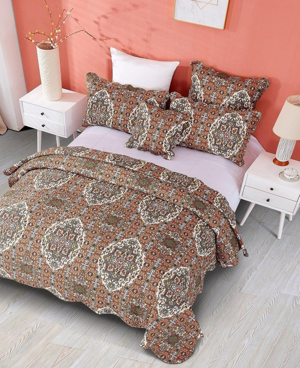 DaDa Bedding Rustic Earthy Cross Motif Folk Ogee Moroccan Scalloped Quilted Bedspread Set (JHW-944) DaDalogy Bedding Collection