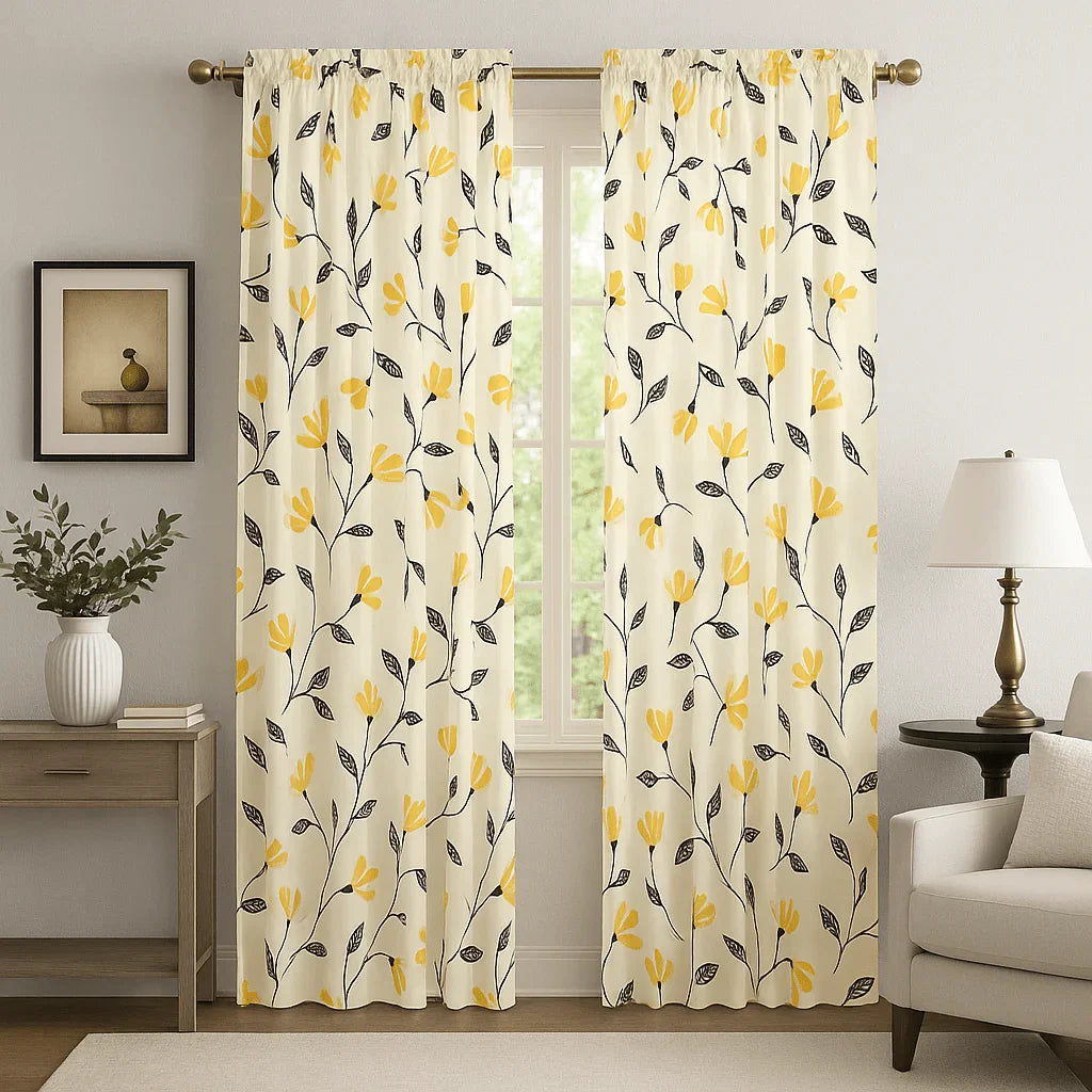 DaDa Bedding Set of 2 Botanical Floral Window Curtain Panels - Natural Semi Sheer Yellow Fleur Golden Orange Spring Time Tulips Straight Tailored Edge DaDalogy Bedding Collection