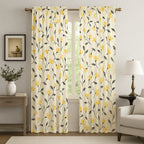 DaDa Bedding Set of 2 Botanical Floral Window Curtain Panels - Natural Semi Sheer Yellow Fleur Golden Orange Spring Time Tulips Straight Tailored Edge DaDalogy Bedding Collection