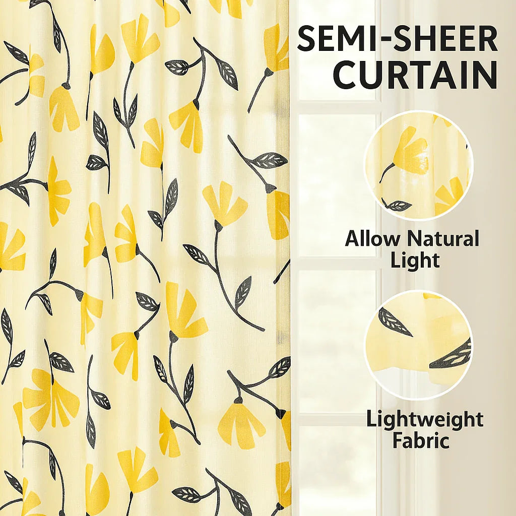 DaDa Bedding Set of 2 Botanical Floral Window Curtain Panels - Natural Semi Sheer Yellow Fleur Golden Orange Spring Time Tulips Straight Tailored Edge DaDalogy Bedding Collection